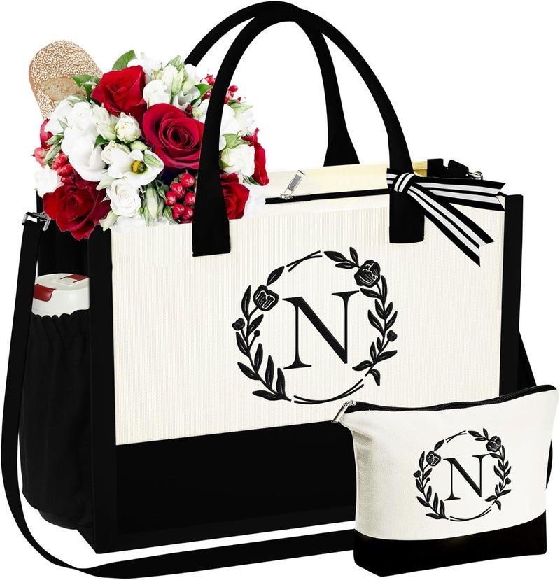 YOOLIFE Gifts for Women - Initial Canvas Tote Bag Makeup Bag, Valentines Day Gifts for Women Teacher Mom Wife Friend Birthday - Image 1